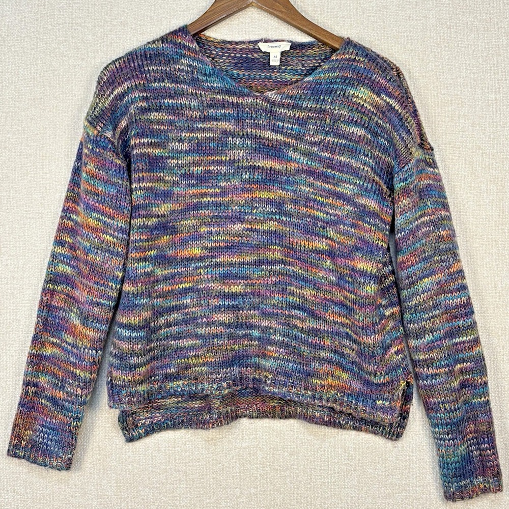 Freeway Womens Size Small Space Dye Knit V-Neck Sweater Multicolor Purple Blue